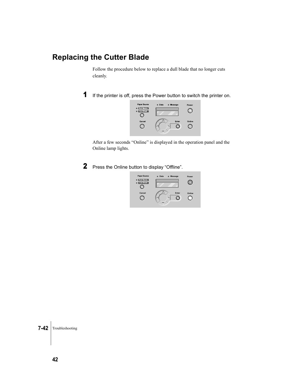 Replacing the cutter blade, Replacing the cutter blade -42, Press the online button to display “offline | Canon W8200 User Manual | Page 174 / 196