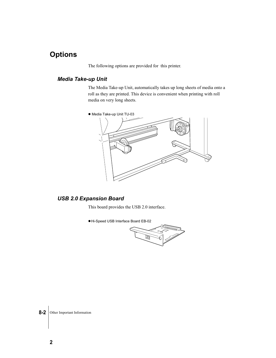 Options, Media take-up unit, Usb 2.0 expansion board | Options -2, Media take-up unit -2 usb 2.0 expansion board -2 | Canon W8200 User Manual | Page 178 / 196