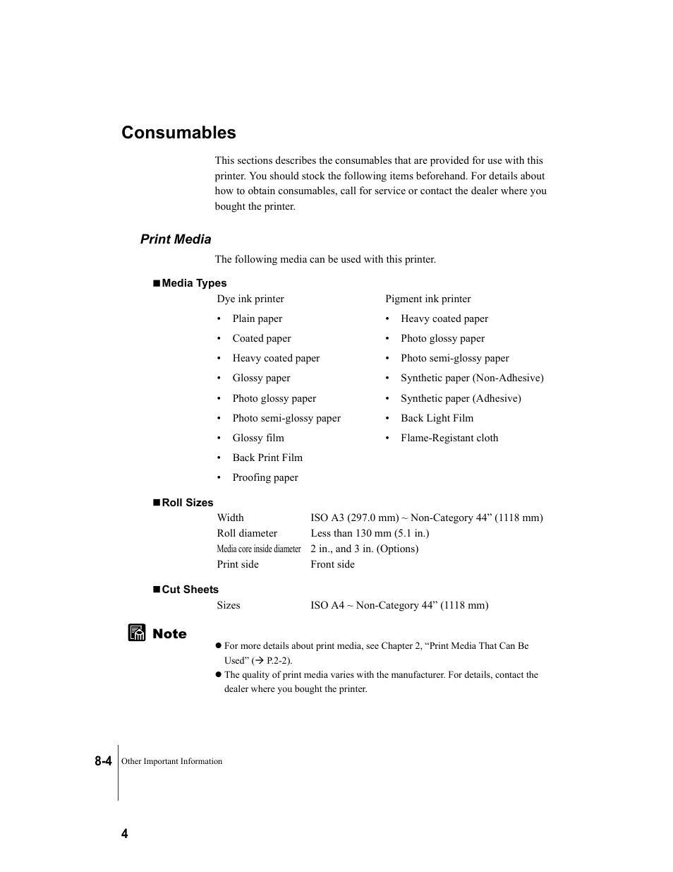 Consumables, Print media, Consumables -4 | Print media -4 | Canon W8200 User Manual | Page 180 / 196