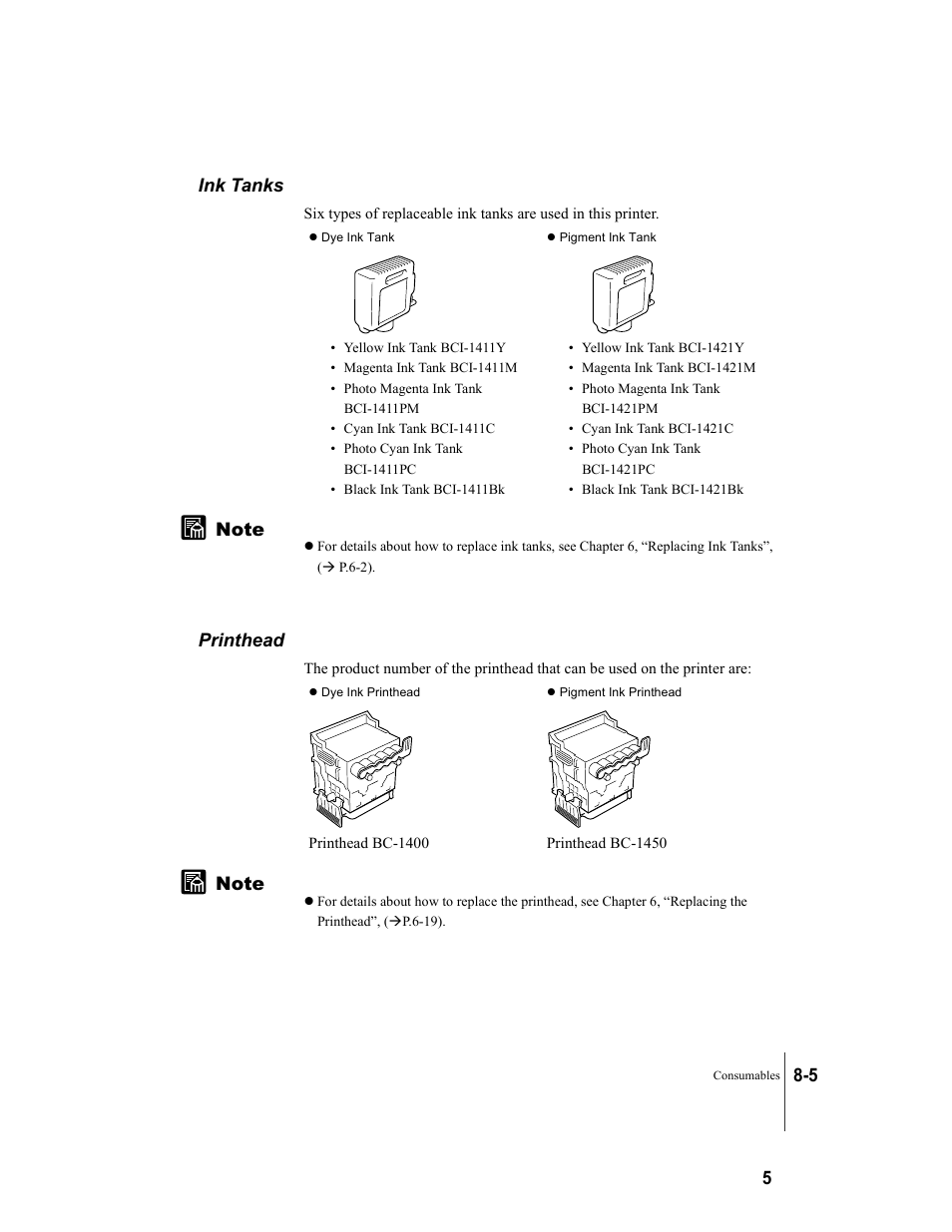 Ink tanks, Printhead, Ink tanks -5 printhead -5 | Canon W8200 User Manual | Page 181 / 196