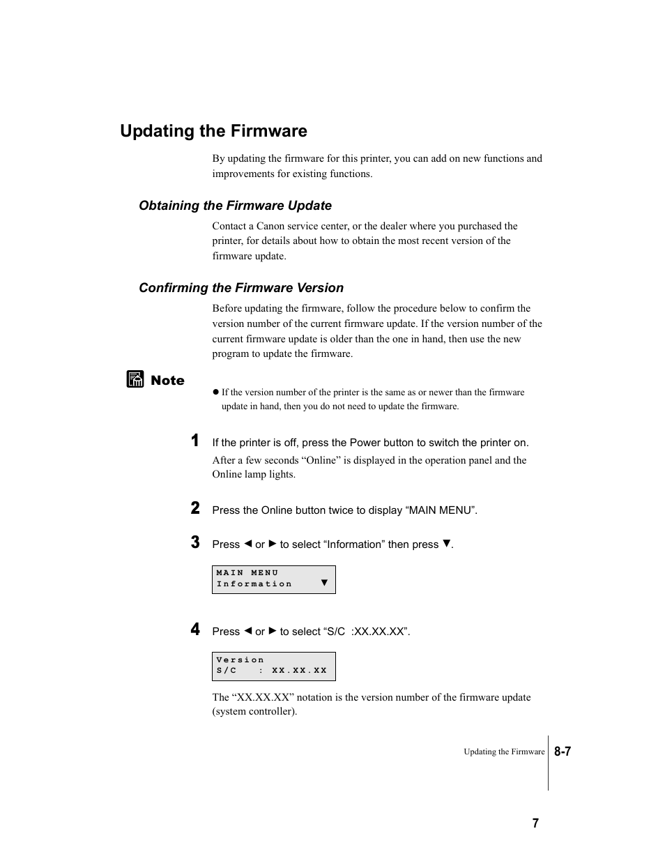 Updating the firmware, Obtaining the firmware update, Confirming the firmware version | Updating the firmware -7 | Canon W8200 User Manual | Page 183 / 196