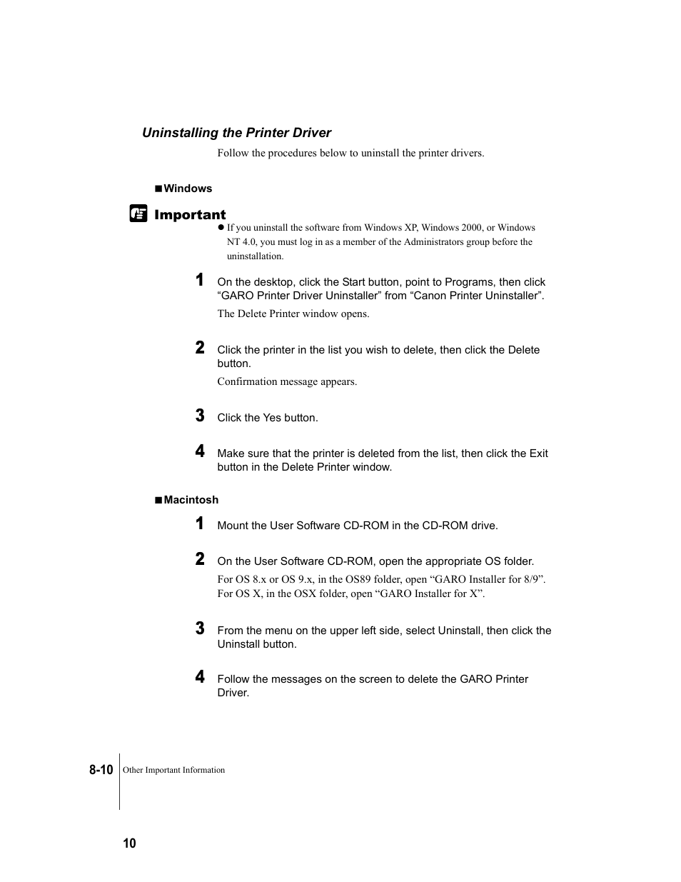 Uninstalling the printer driver, Uninstalling the printer driver -10 | Canon W8200 User Manual | Page 186 / 196