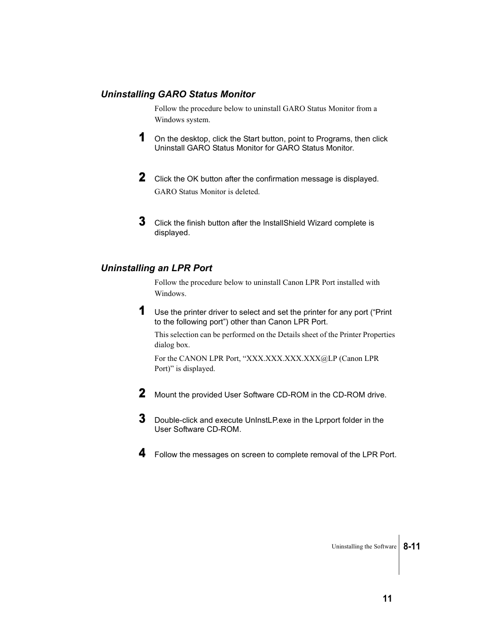 Uninstalling garo status monitor, Uninstalling an lpr port | Canon W8200 User Manual | Page 187 / 196