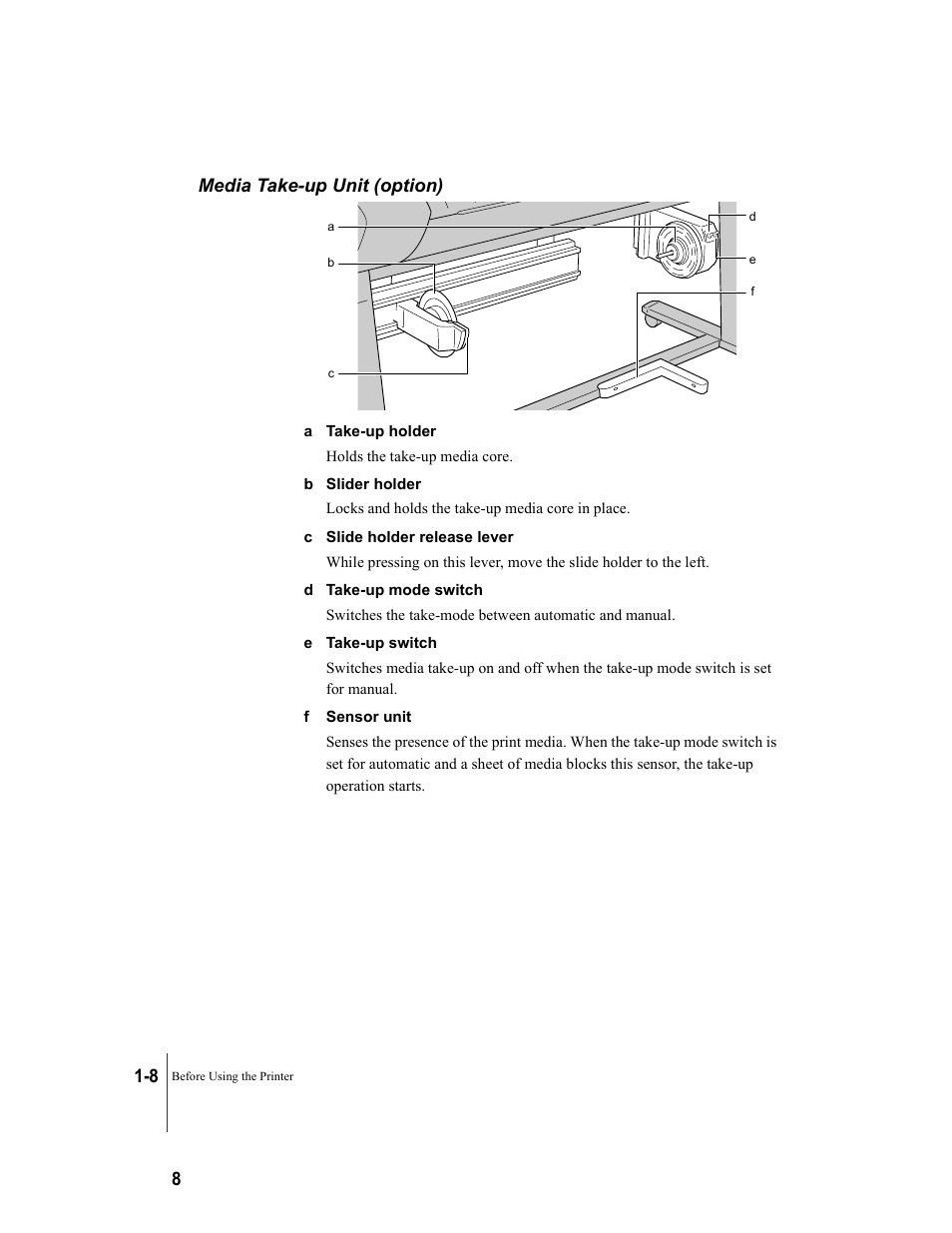 Media take-up unit (option), Media take-up unit (option) -8, 8 media take-up unit (option) | Canon W8200 User Manual | Page 24 / 196