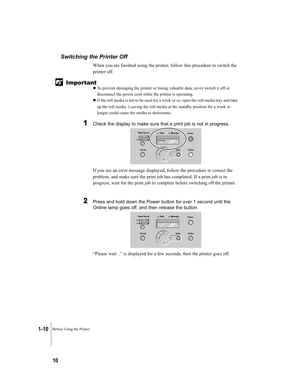 Switching the printer off, Switching the printer off -10 | Canon W8200 User Manual | Page 26 / 196