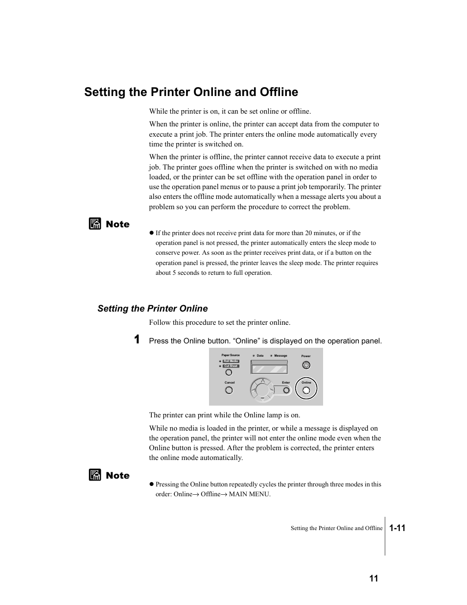 Setting the printer online and offline, Setting the printer online, Setting the printer online and offline -11 | Setting the printer online -11 | Canon W8200 User Manual | Page 27 / 196