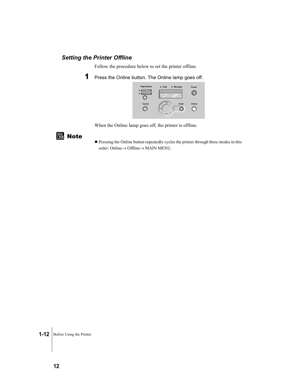 Setting the printer offline, Setting the printer offline -12 | Canon W8200 User Manual | Page 28 / 196