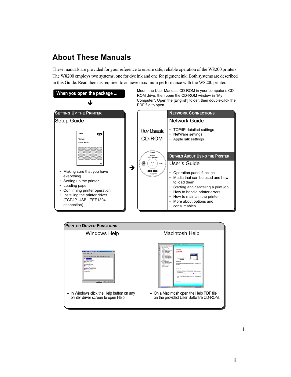 About these manuals, When you open the package, Setup guide | Network guide, User’s guide, User manuals cd-rom, Windows help, Macintosh help | Canon W8200 User Manual | Page 3 / 196