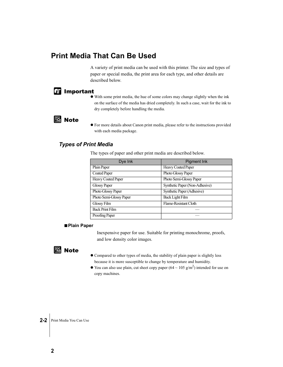 Print media that can be used, Types of print media, Print media that can be used -2 | Types of print media -2 | Canon W8200 User Manual | Page 30 / 196