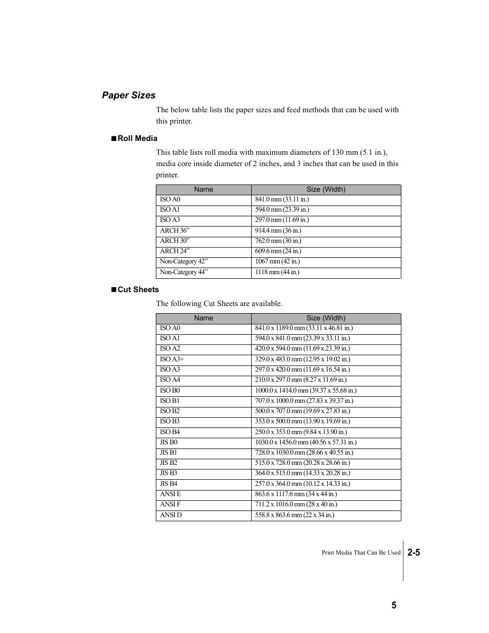 Paper sizes, Paper sizes -5, 5 paper sizes | Canon W8200 User Manual | Page 33 / 196