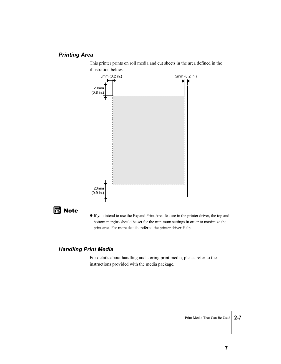 Printing area, Handling print media, Printing area -7 handling print media -7 | Canon W8200 User Manual | Page 35 / 196