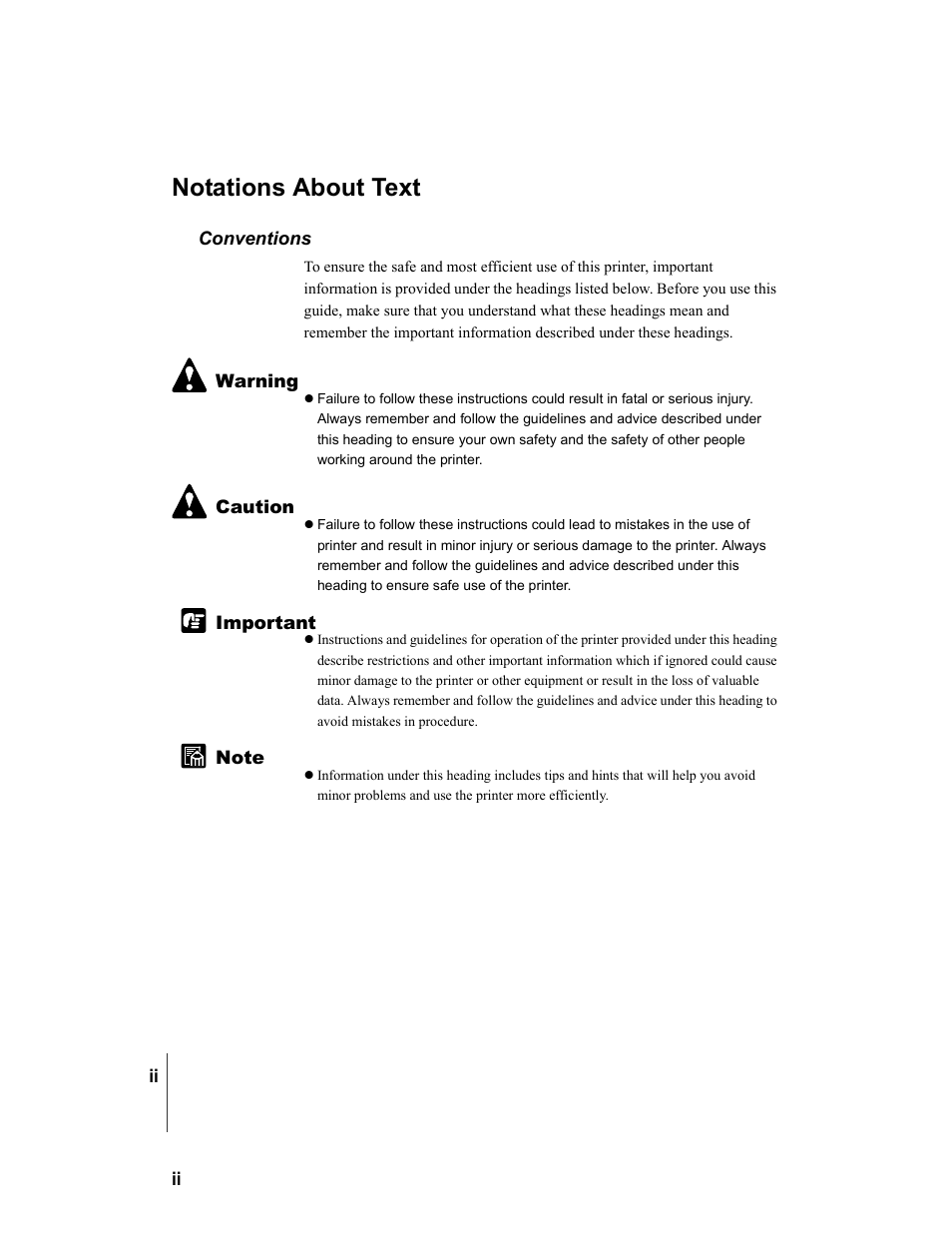 Notations about text, Conventions | Canon W8200 User Manual | Page 4 / 196