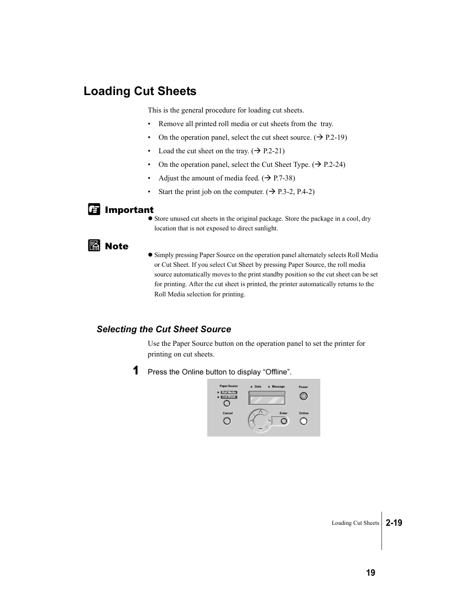 Loading cut sheets, Selecting the cut sheet source, Loading cut sheets -19 | Selecting the cut sheet source -19 | Canon W8200 User Manual | Page 47 / 196