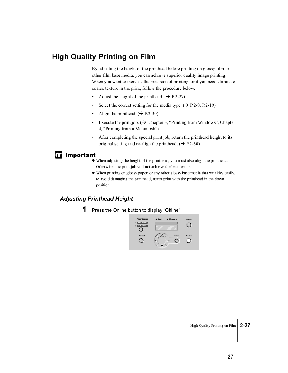 High quality printing on film, Adjusting printhead height, High quality printing on film -27 | Adjusting printhead height -27 | Canon W8200 User Manual | Page 55 / 196