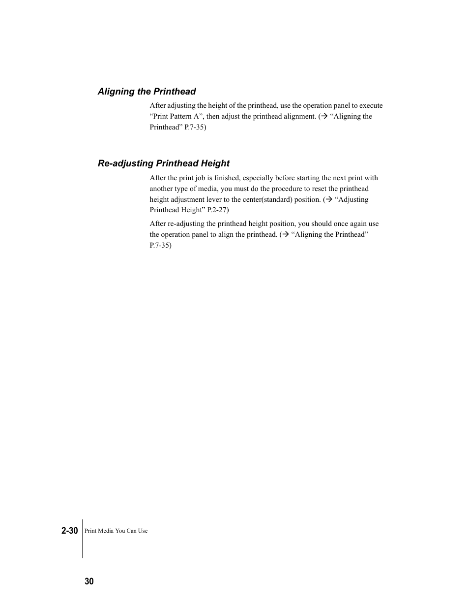 Aligning the printhead, Re-adjusting printhead height, P.2-30 | Canon W8200 User Manual | Page 58 / 196