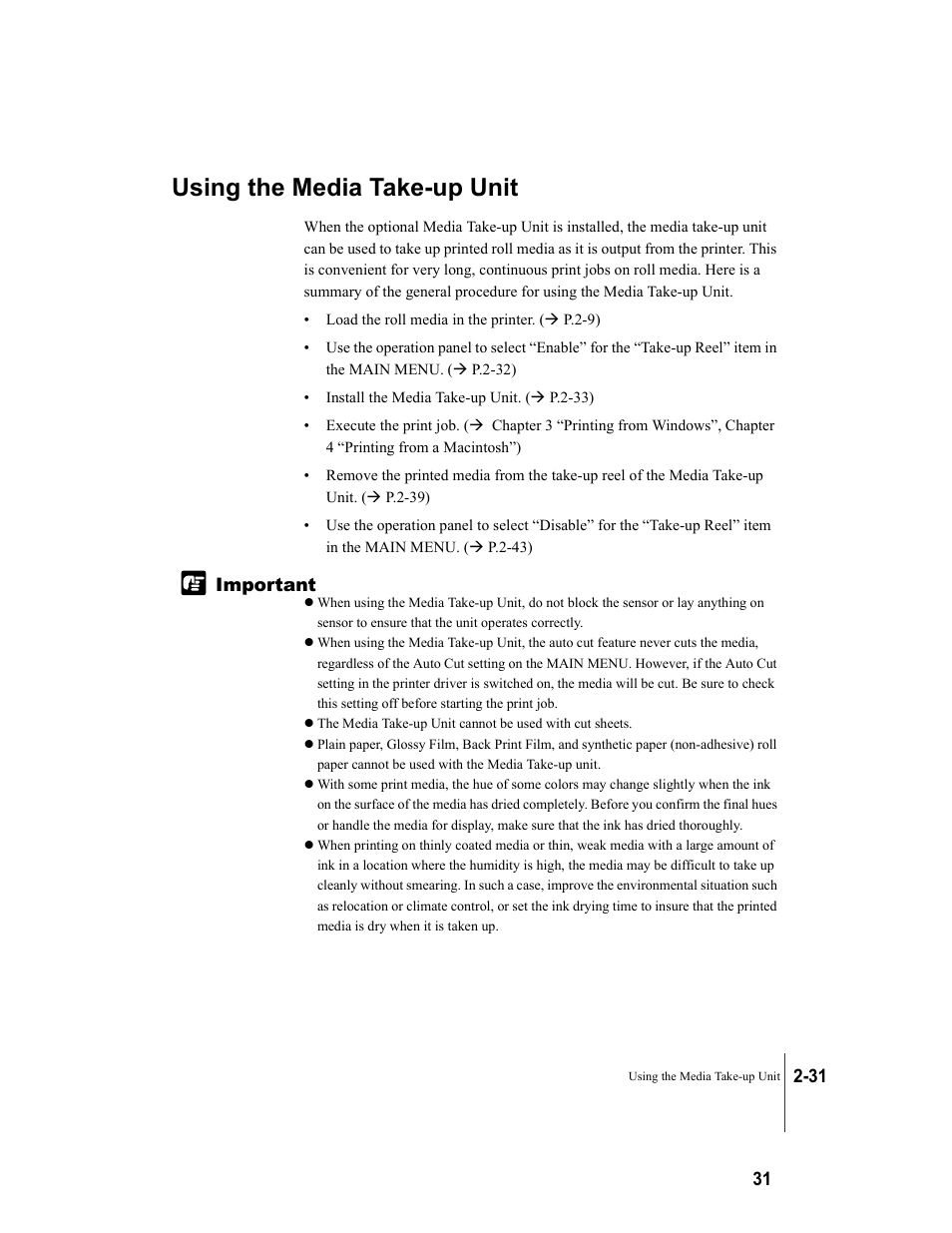 Using the media take-up unit, Using the media take-up unit -31 | Canon W8200 User Manual | Page 59 / 196