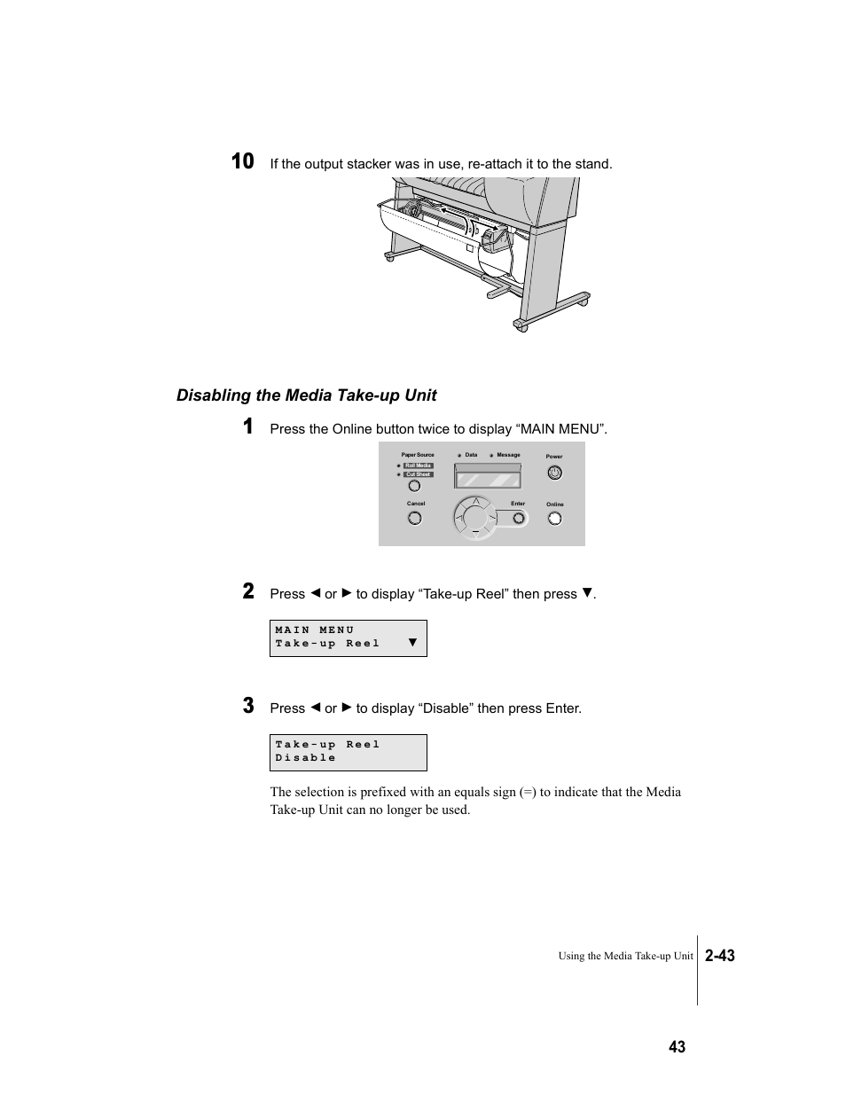 Disabling the media take-up unit, Disabling the media take-up unit -43, P.2-43) | Canon W8200 User Manual | Page 71 / 196