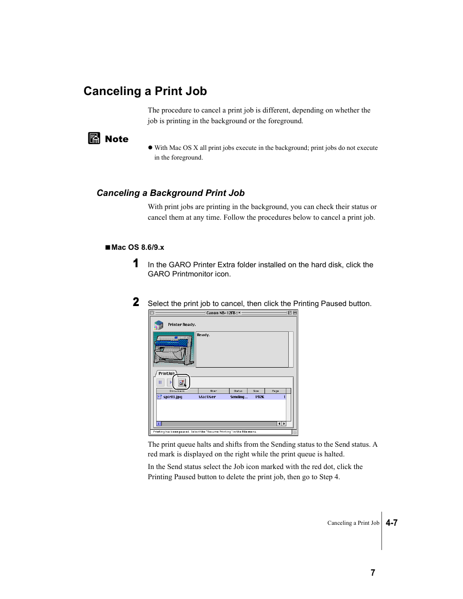 Canceling a print job, Canceling a background print job, Canceling a print job -7 | Canceling a background print job -7 | Canon W8200 User Manual | Page 85 / 196