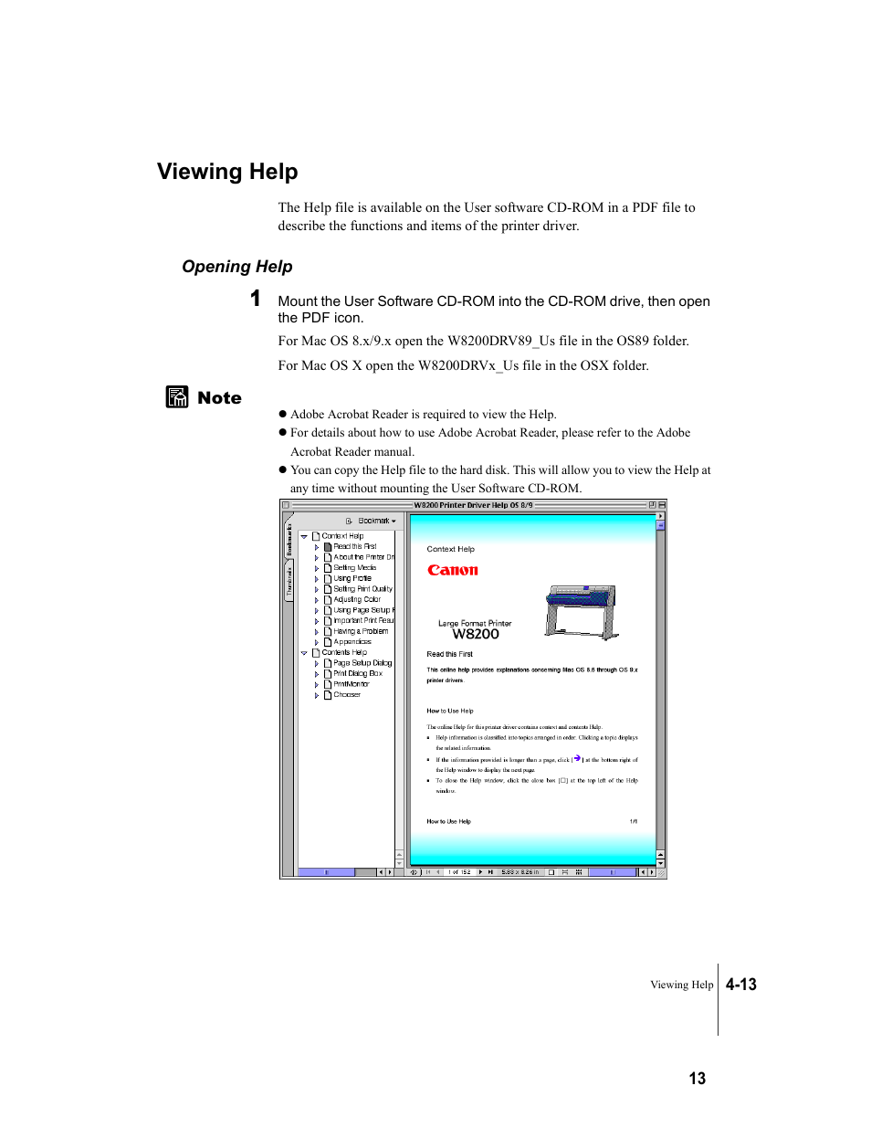 Viewing help, Opening help, Viewing help -13 | Opening help -13 | Canon W8200 User Manual | Page 91 / 196