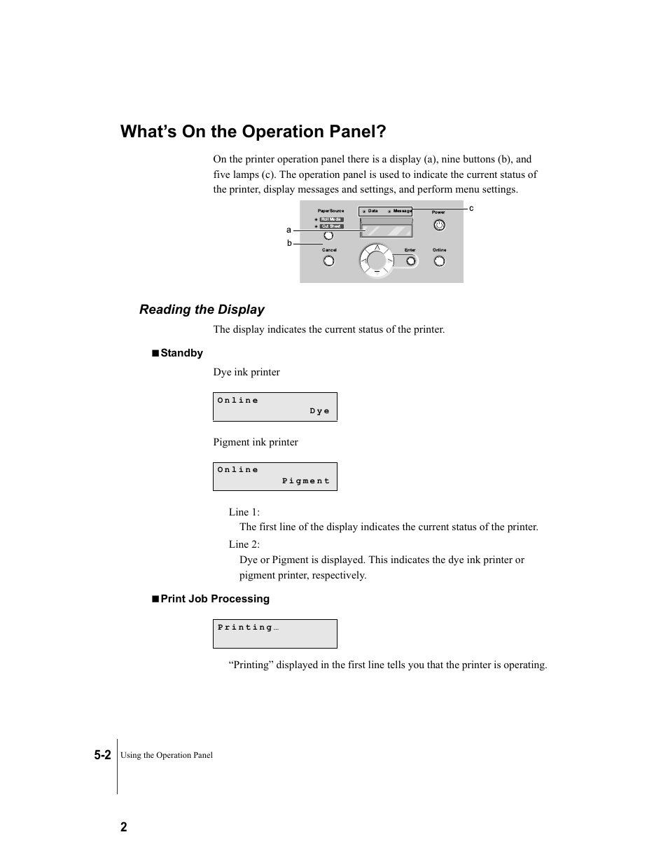 What’s on the operation panel, Reading the display, What’s on the operation panel? -2 | Reading the display -2 | Canon W8200 User Manual | Page 94 / 196