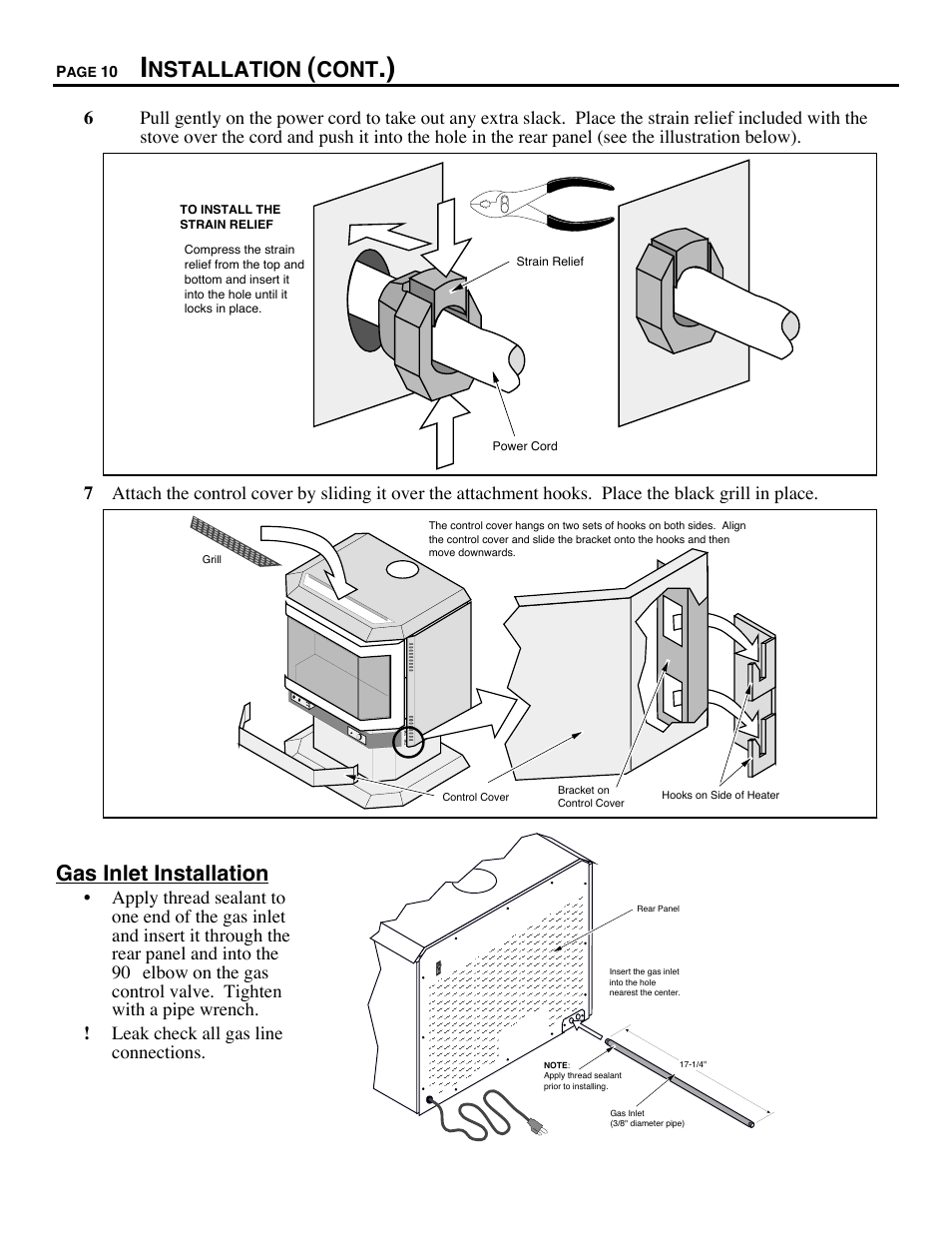 Nstallation, Cont, Gas inlet installation | Avalon Firestyles D-V-1995 User Manual | Page 10 / 38