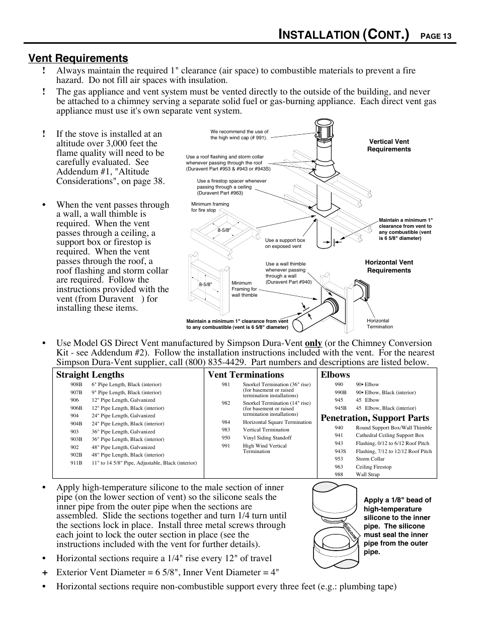 Nstallation, Vent requirements, Vent terminations | Elbows, Penetration, support parts | Avalon Firestyles D-V-1995 User Manual | Page 13 / 38