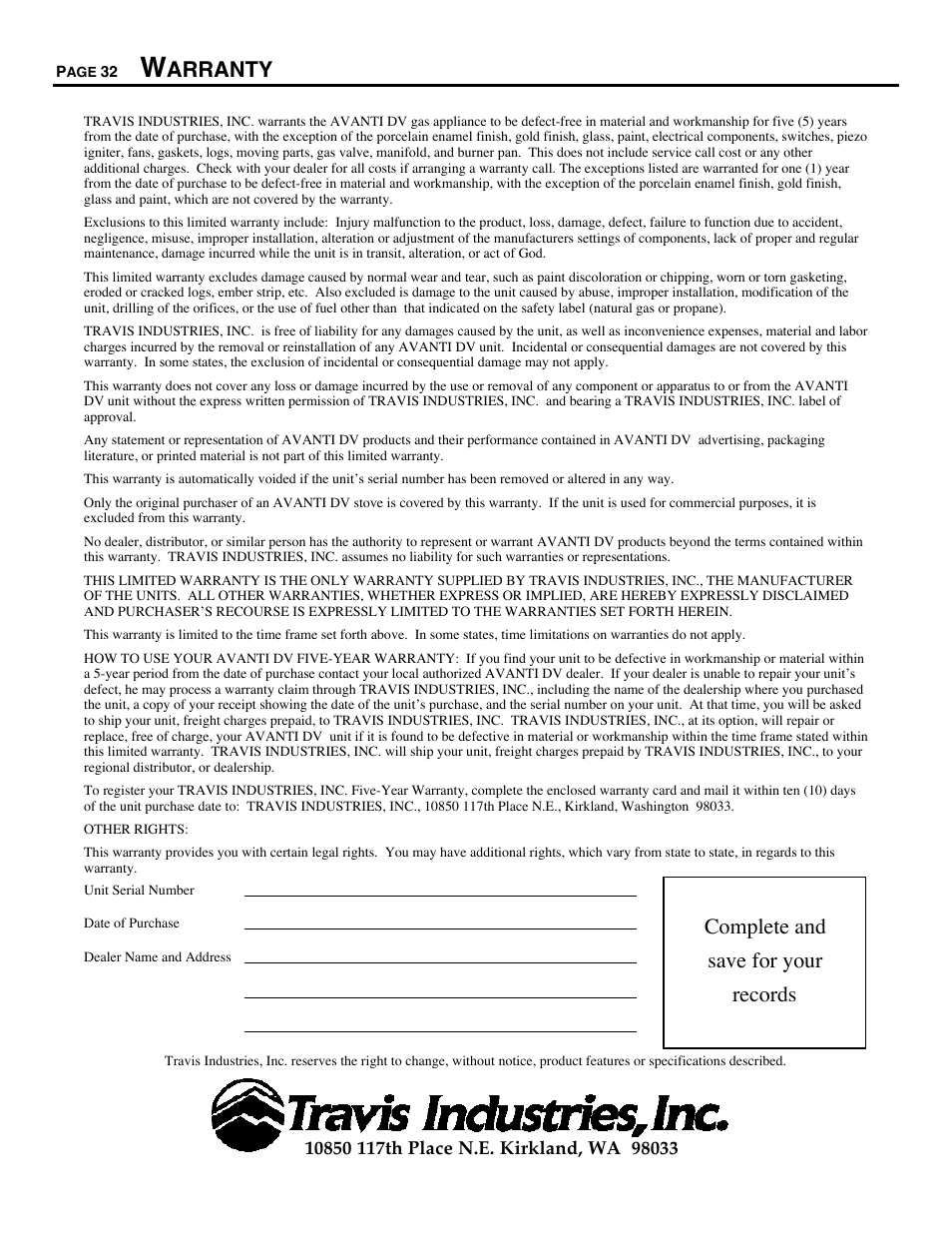 Arranty, Complete and, Save for your | Records | Avalon Firestyles D-V-1995 User Manual | Page 32 / 38