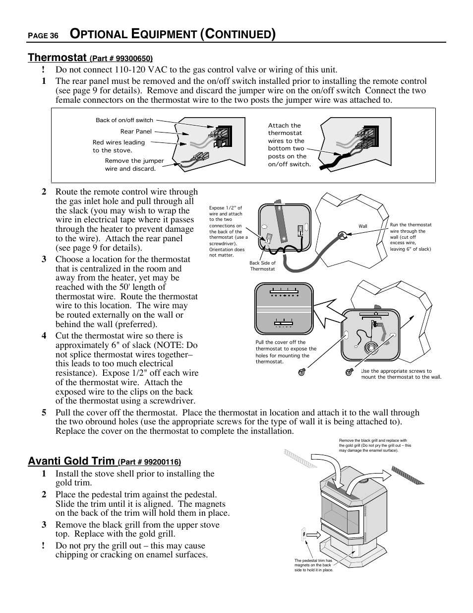 Ptional, Quipment, Ontinued | Thermostat, Avanti gold trim | Avalon Firestyles D-V-1995 User Manual | Page 36 / 38