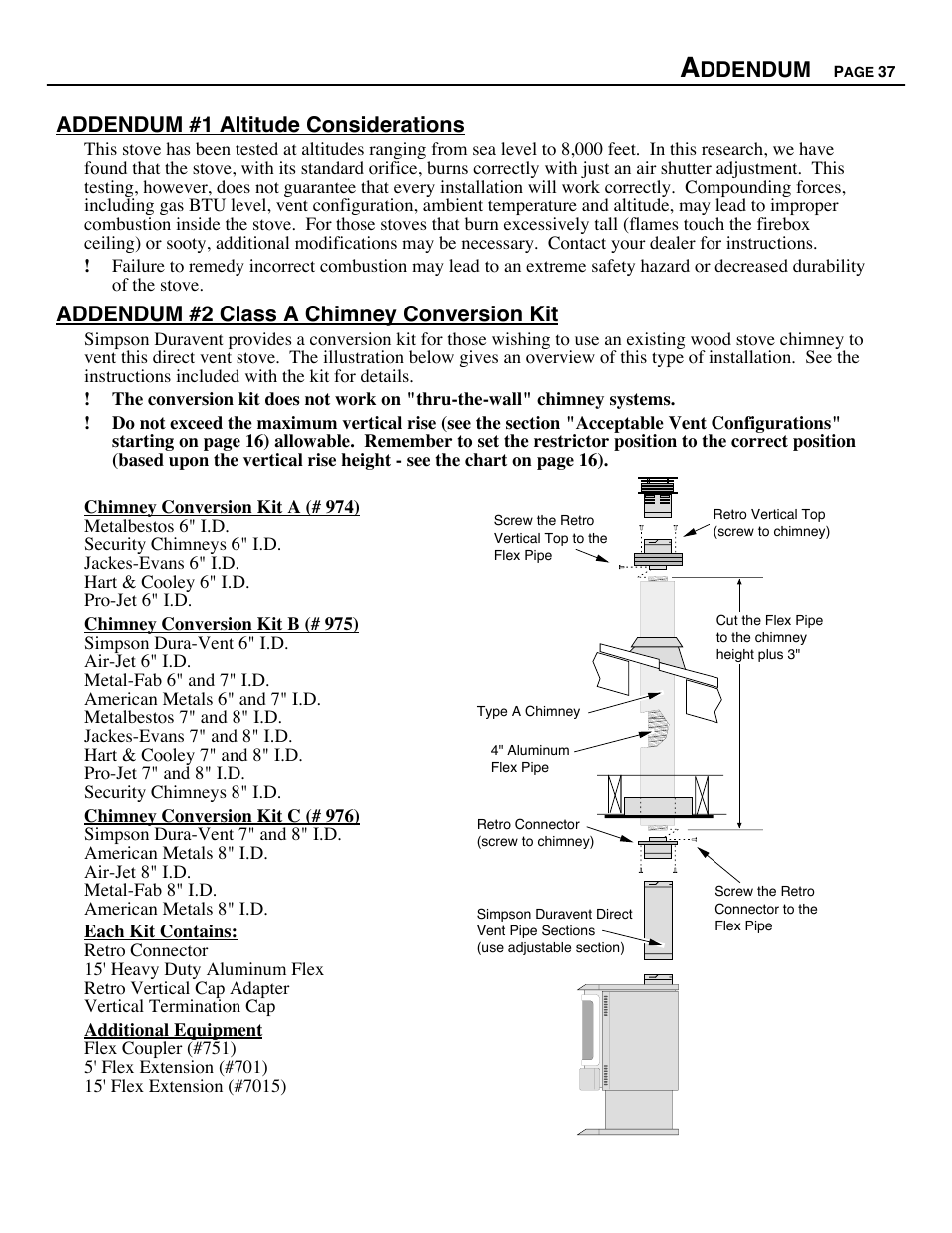 Ddendum, Addendum #1 altitude considerations, Addendum #2 class a chimney conversion kit | Avalon Firestyles D-V-1995 User Manual | Page 37 / 38