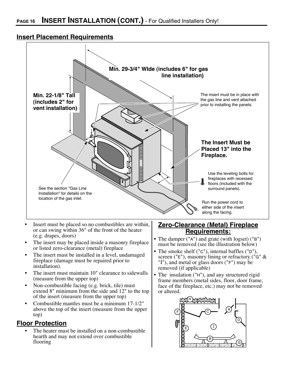 Nsert, Nstallation, Cont | Insert placement requirements, Floor protection, Zero-clearance (metal) fireplace requirements | Avalon Firestyles Chelan DV-1996 to 1999 User Manual | Page 16 / 40