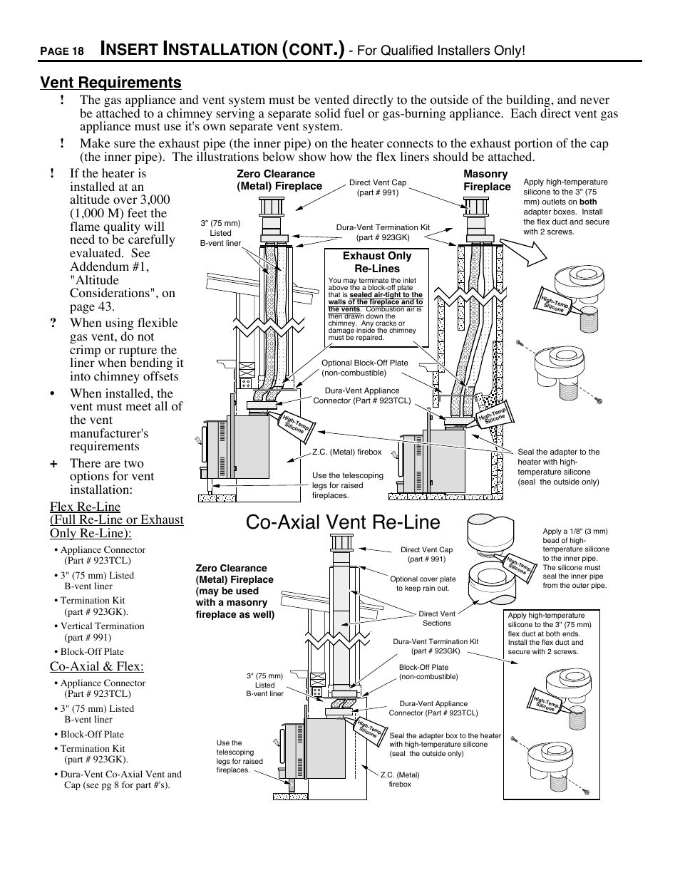 Co-axial vent re-line, Nsert, Nstallation | Cont, Vent requirements, For qualified installers only, Co-axial & flex | Avalon Firestyles Chelan DV-1996 to 1999 User Manual | Page 18 / 40