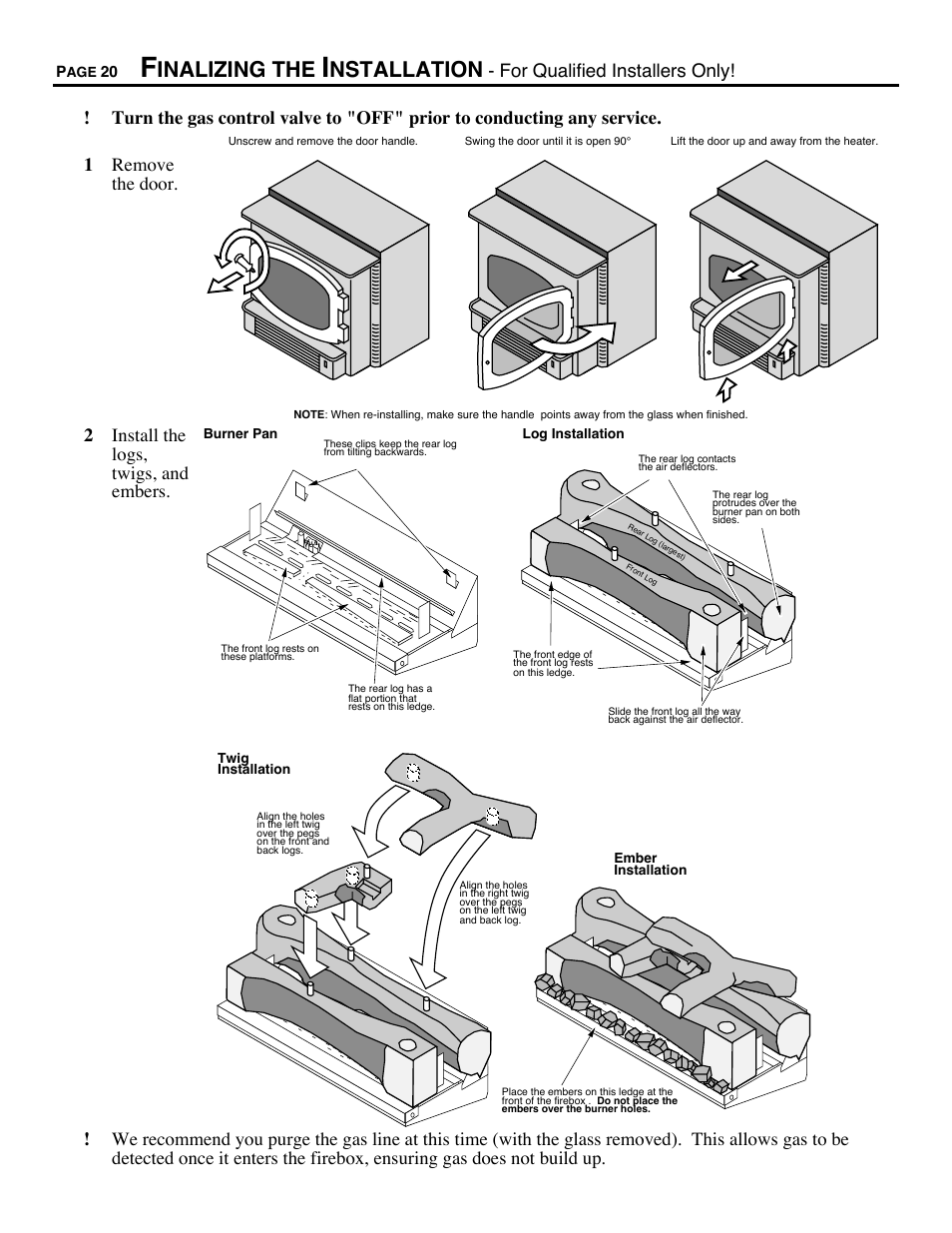 Finalizing the installation, Inalizing the, Nstallation | 2install the logs, twigs, and embers | Avalon Firestyles Chelan DV-1996 to 1999 User Manual | Page 20 / 40