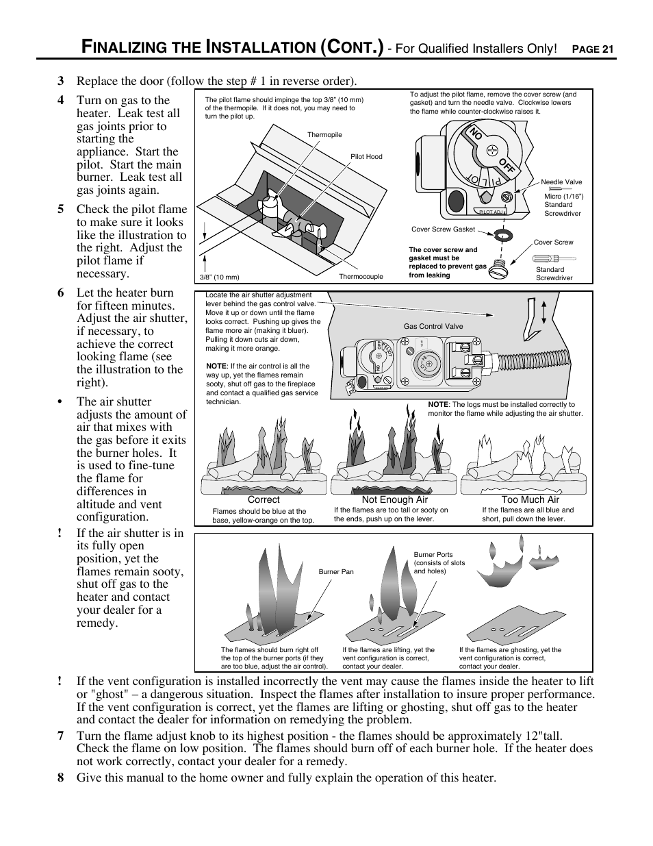 Inalizing the, Nstallation, For qualified installers only | Avalon Firestyles Chelan DV-1996 to 1999 User Manual | Page 21 / 40