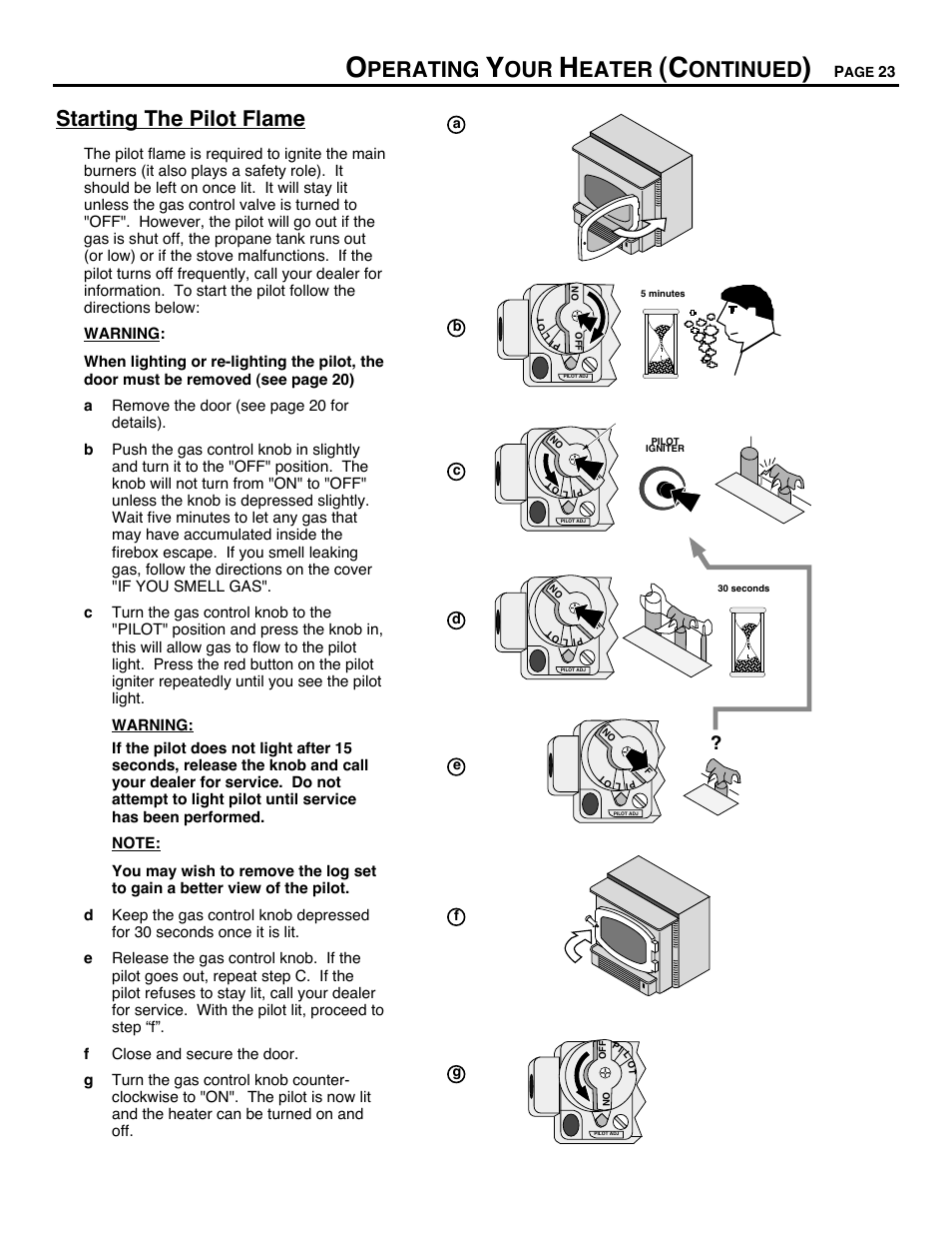 Perating, Eater, Ontinued | Starting the pilot flame | Avalon Firestyles Chelan DV-1996 to 1999 User Manual | Page 23 / 40