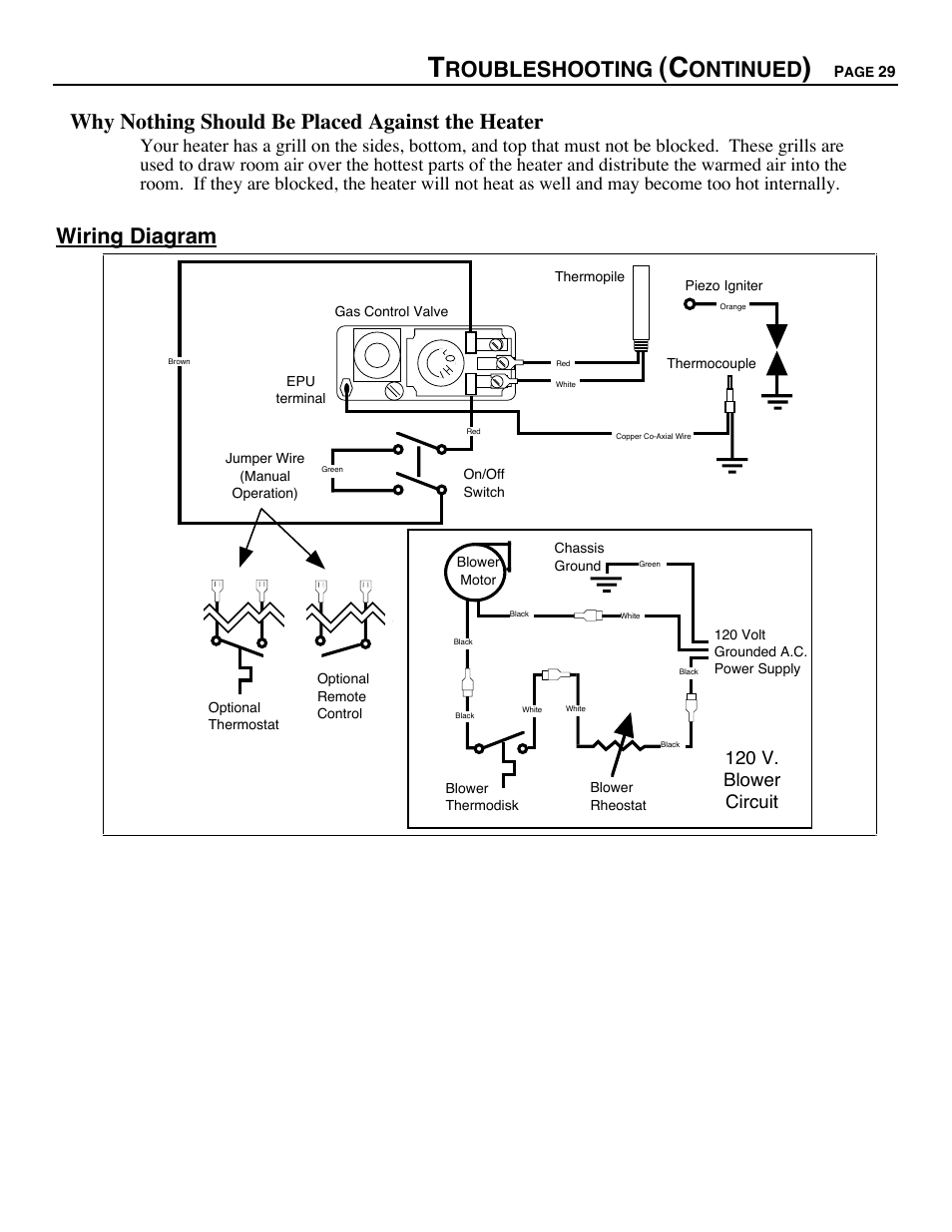 Roubleshooting, Ontinued, Why nothing should be placed against the heater | Wiring diagram, 120 v. blower circuit | Avalon Firestyles Chelan DV-1996 to 1999 User Manual | Page 29 / 40