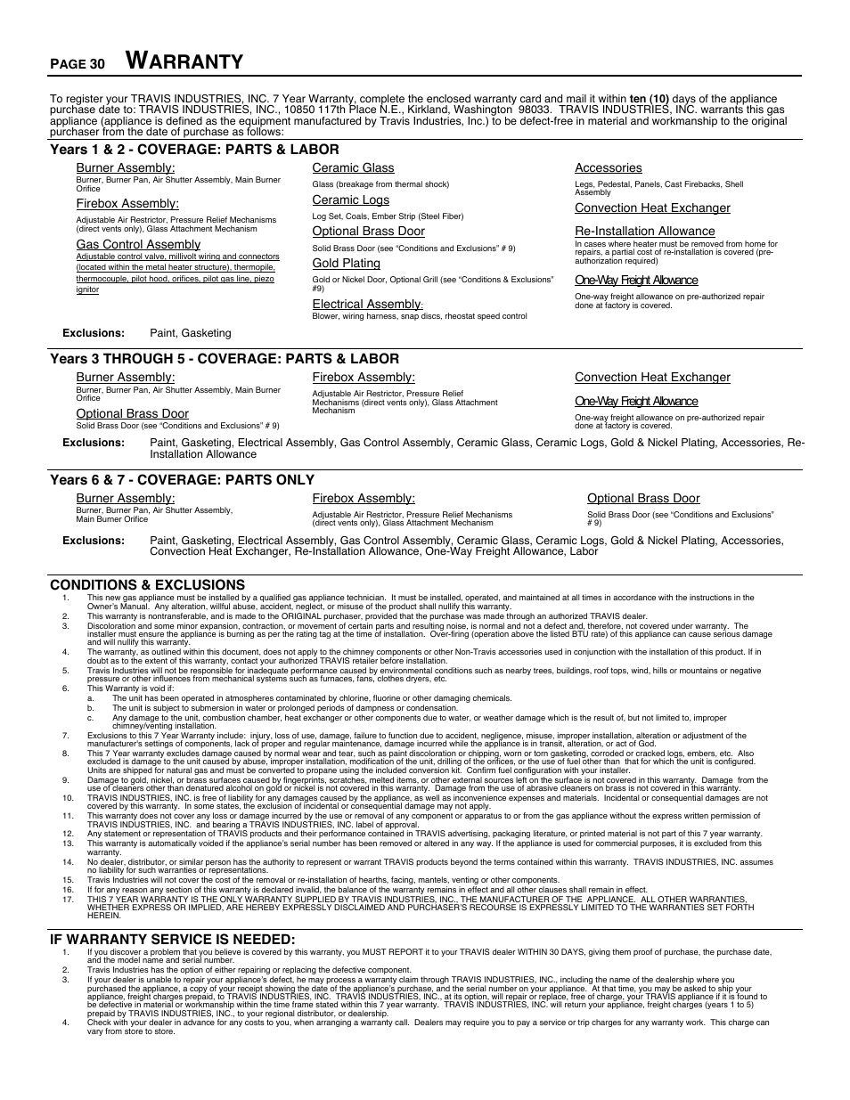 Warranty, Arranty, Years 1 & 2 - coverage: parts & labor | Years 3 through 5 - coverage: parts & labor, Years 6 & 7 - coverage: parts only, Conditions & exclusions, If warranty service is needed | Avalon Firestyles Chelan DV-1996 to 1999 User Manual | Page 30 / 40