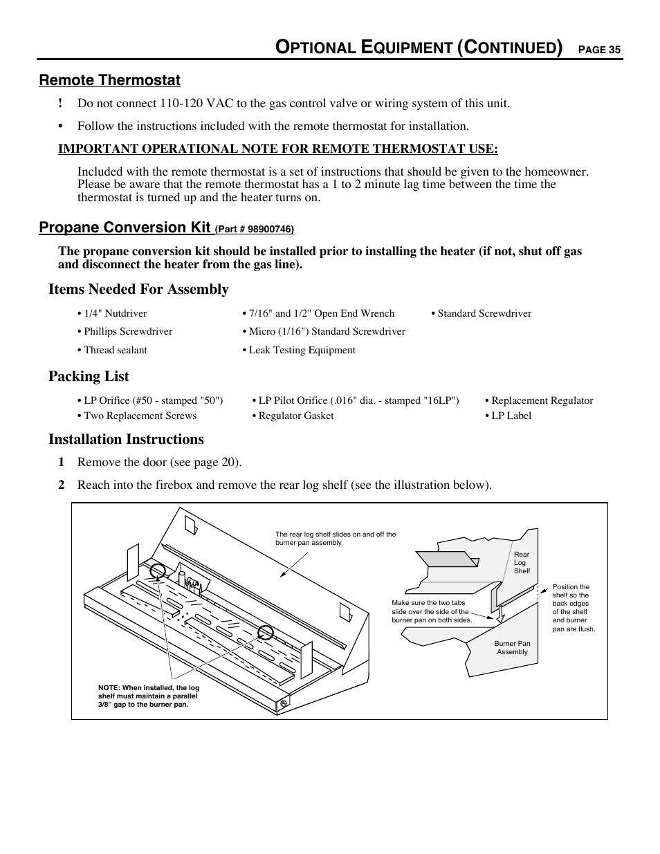Ptional, Quipment, Ontinued | Remote thermostat, Propane conversion kit, Items needed for assembly, Packing list, Installation instructions | Avalon Firestyles Chelan DV-1996 to 1999 User Manual | Page 35 / 40