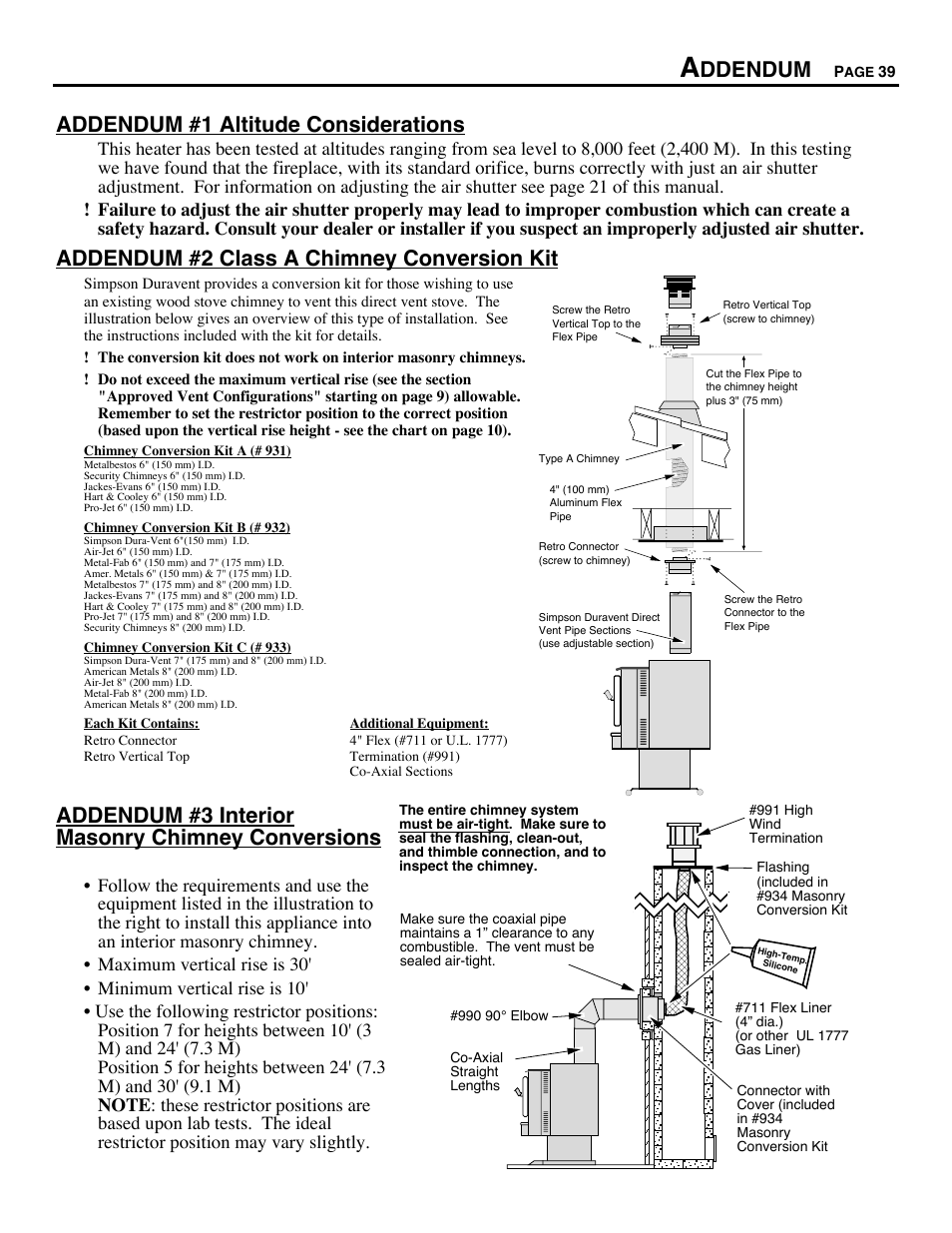 Ddendum, Addendum #1 altitude considerations, Addendum #2 class a chimney conversion kit | Addendum #3 interior masonry chimney conversions | Avalon Firestyles Chelan DV-1996 to 1999 User Manual | Page 39 / 40