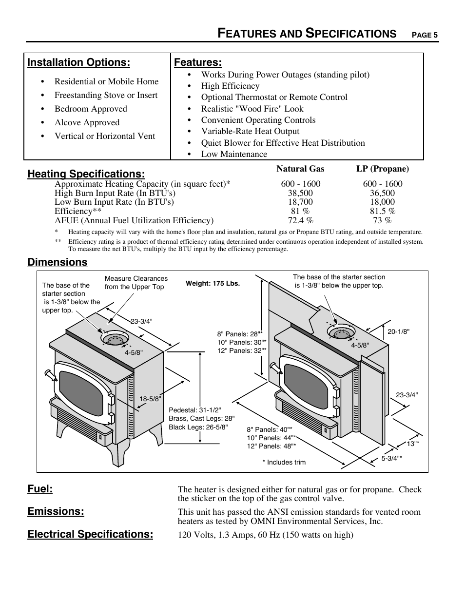 Features and specifications, Eatures and, Pecifications | Installation options, Features, Heating specifications, Dimensions, Fuel, Emissions, Electrical specifications | Avalon Firestyles Chelan DV-1996 to 1999 User Manual | Page 5 / 40