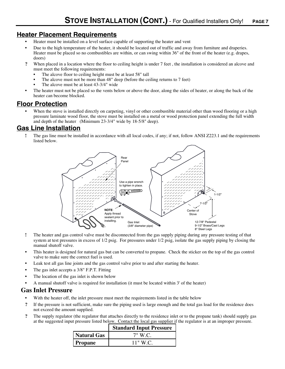 Tove, Nstallation, Heater placement requirements | Floor protection, Gas line installation, Gas inlet pressure | Avalon Firestyles Chelan DV-1996 to 1999 User Manual | Page 7 / 40