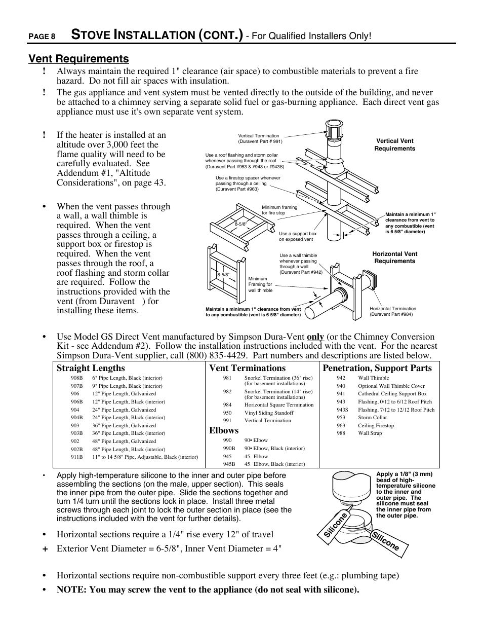 Tove, Nstallation, Cont | Vent requirements, For qualified installers only, Vent terminations, Elbows, Penetration, support parts | Avalon Firestyles Chelan DV-1996 to 1999 User Manual | Page 8 / 40