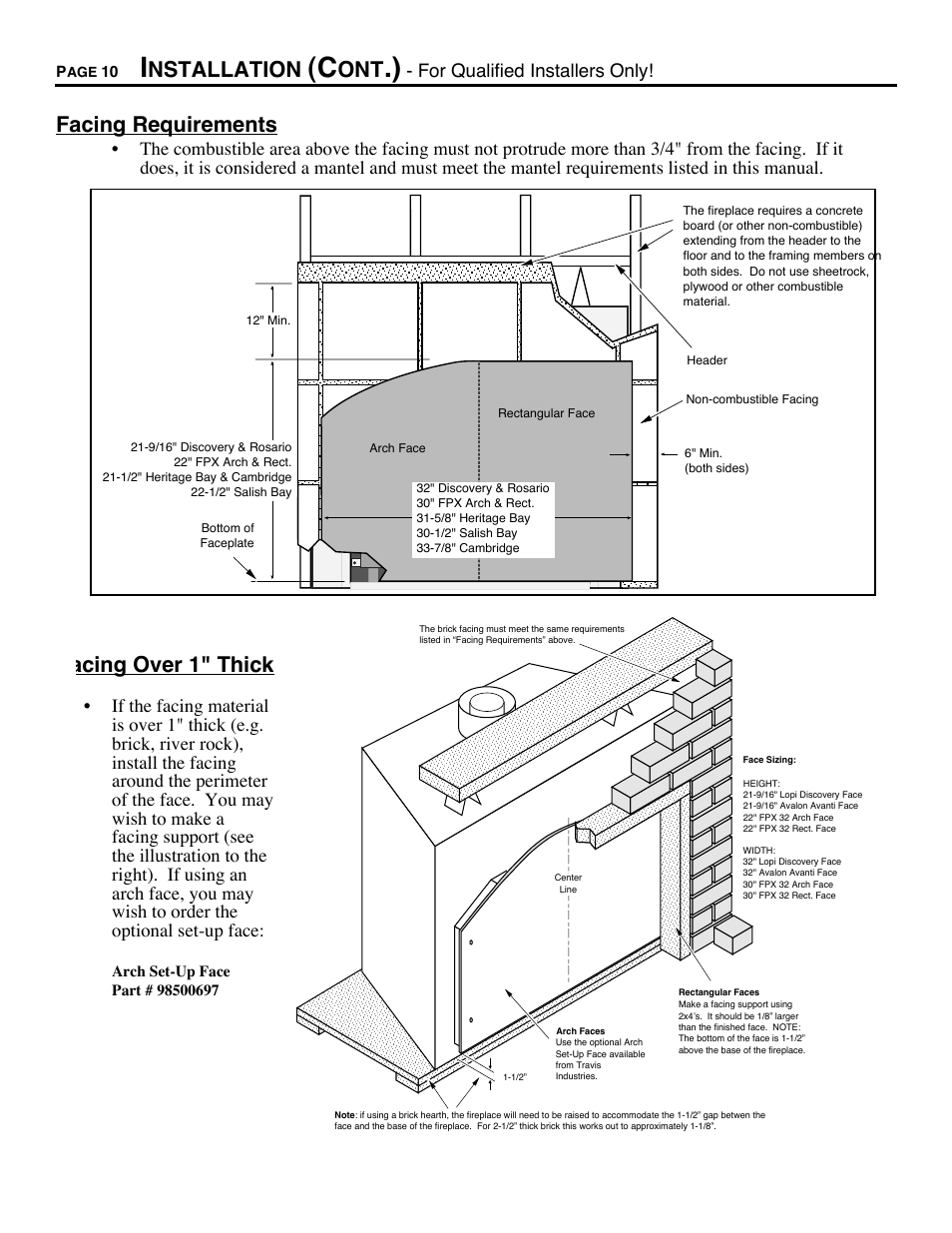 Facing requirements, Facing over 1" thick, Nstallation | Acing over 1" thick, For qualified installers only | Avalon Firestyles DVS Fireplace-1997 to 2000 User Manual | Page 10 / 46