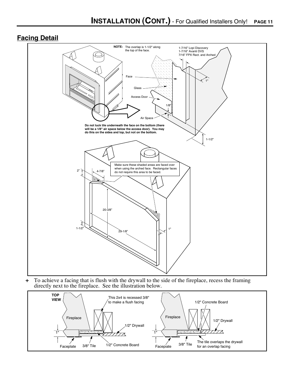 Facing detail, Nstallation, For qualified installers only | Avalon Firestyles DVS Fireplace-1997 to 2000 User Manual | Page 11 / 46