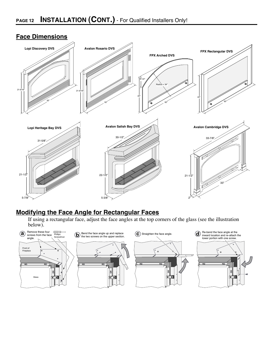 Face dimensions, Modifying the face angle for rectangular faces, Nstallation | For qualified installers only, Ba d c | Avalon Firestyles DVS Fireplace-1997 to 2000 User Manual | Page 12 / 46