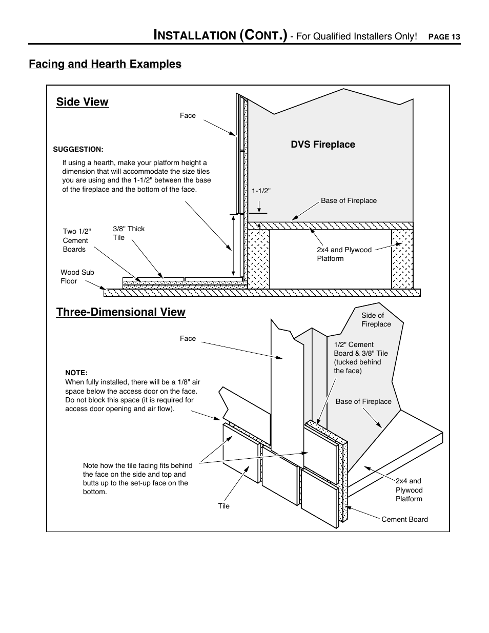 Facing and hearth examples, Nstallation, Side view | Three-dimensional view | Avalon Firestyles DVS Fireplace-1997 to 2000 User Manual | Page 13 / 46