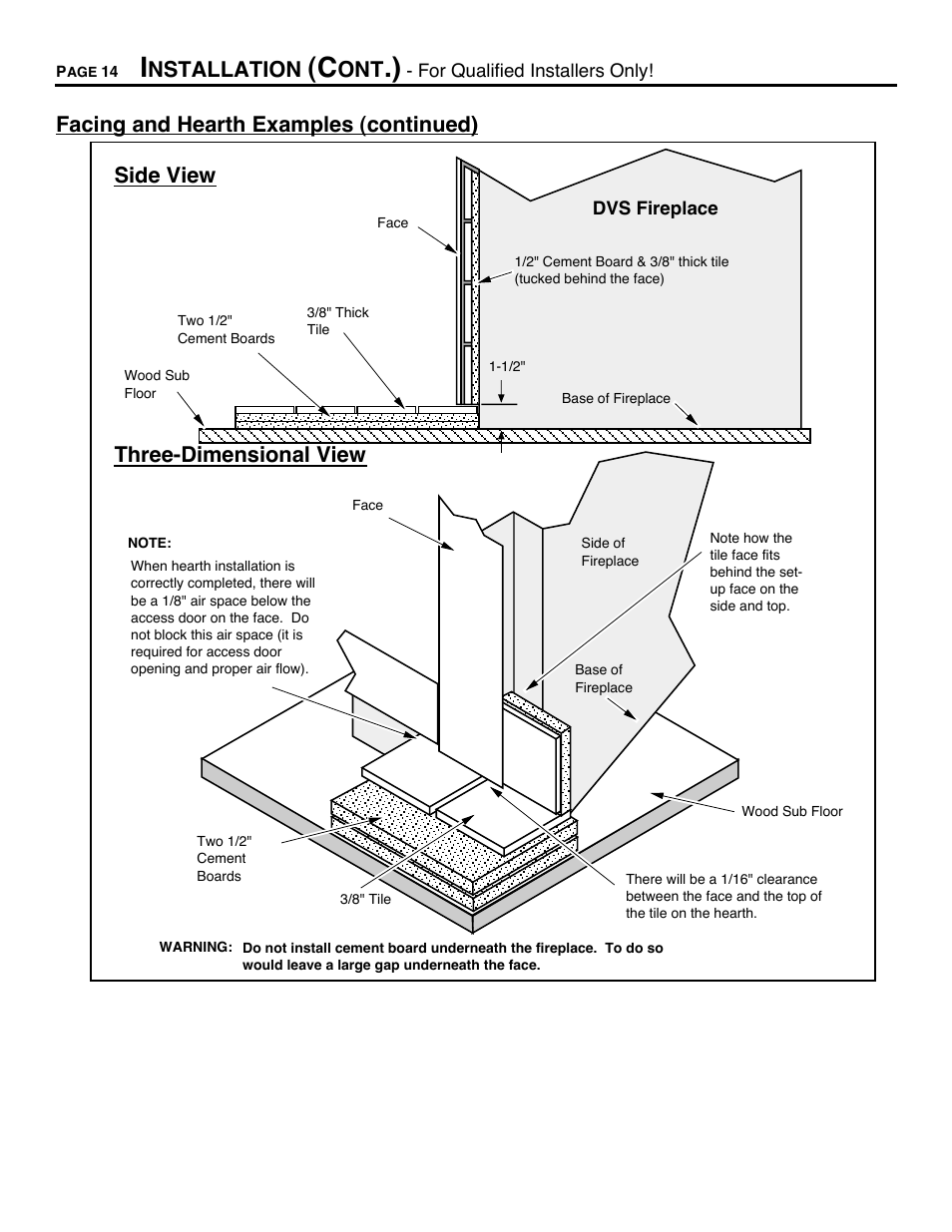 Nstallation, Facing and hearth examples (continued), Side view three-dimensional view | Avalon Firestyles DVS Fireplace-1997 to 2000 User Manual | Page 14 / 46