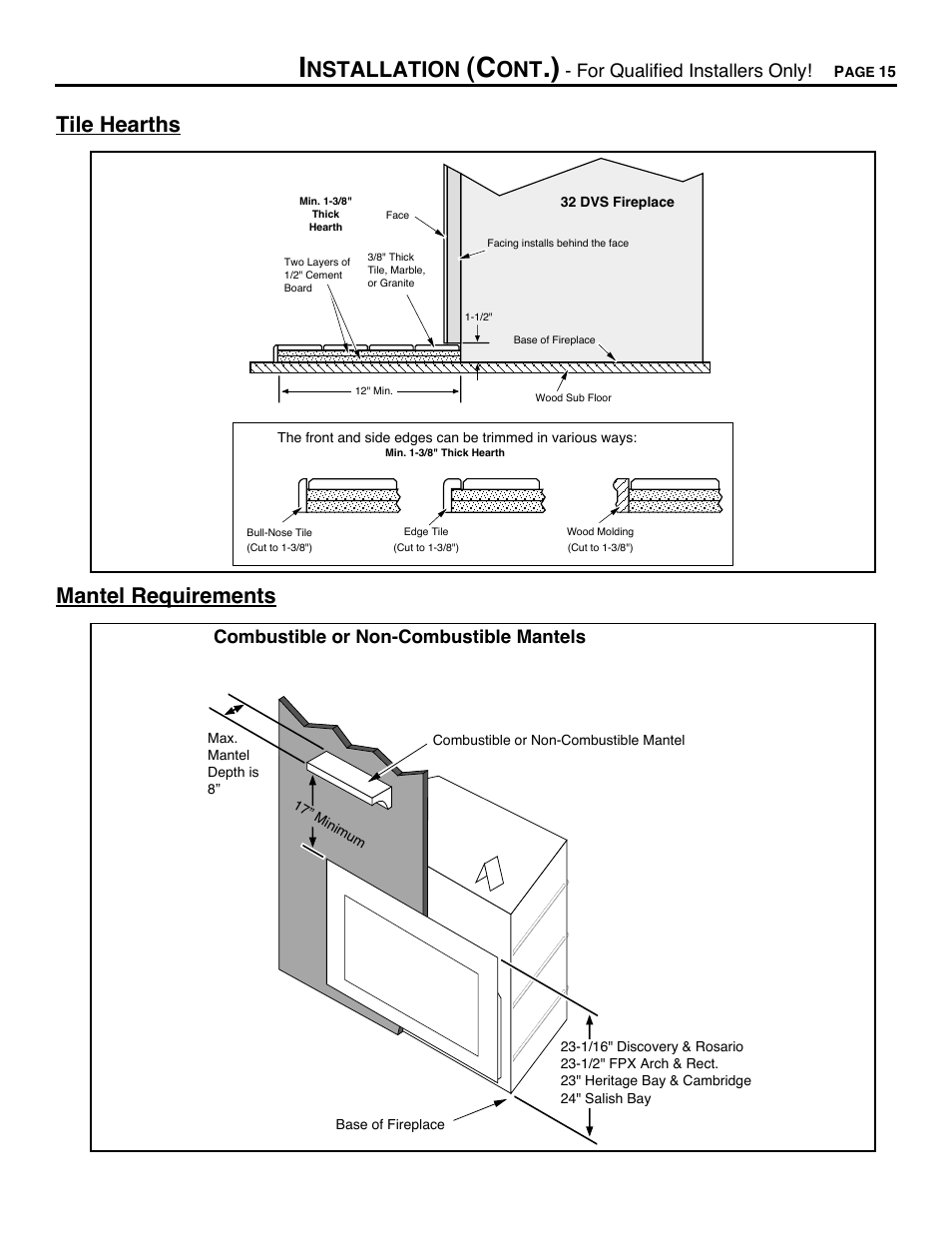 Tile hearths, Mantel requirements, Nstallation | For qualified installers only, Combustible or non-combustible mantels | Avalon Firestyles DVS Fireplace-1997 to 2000 User Manual | Page 15 / 46