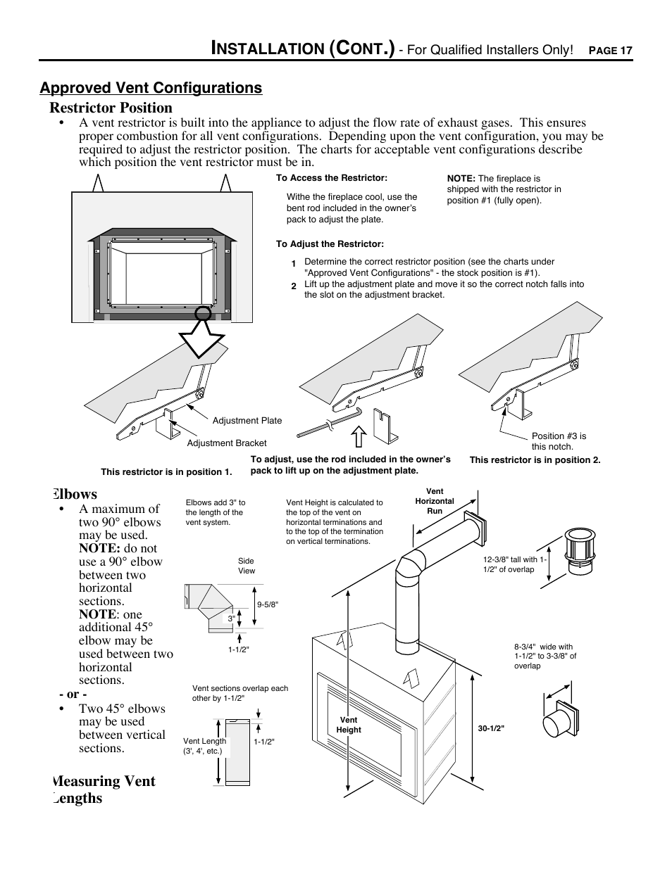 Approved vent configurations, Restrictor position, Elbows | Measuring vent lengths, Nstallation, Approved vent configurations restrictor position | Avalon Firestyles DVS Fireplace-1997 to 2000 User Manual | Page 17 / 46