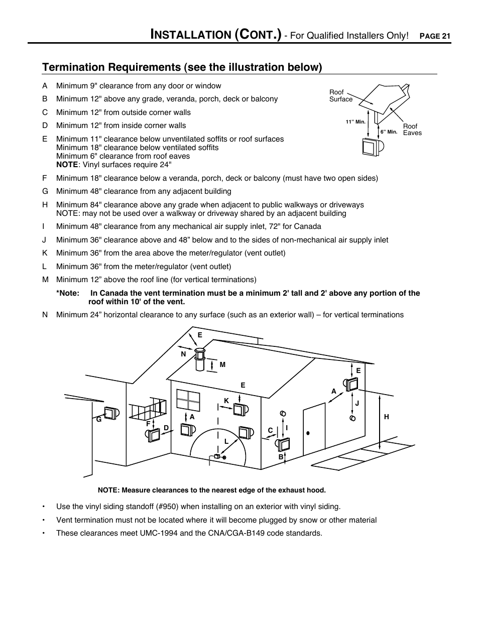 Termination requirements, Nstallation | Avalon Firestyles DVS Fireplace-1997 to 2000 User Manual | Page 21 / 46