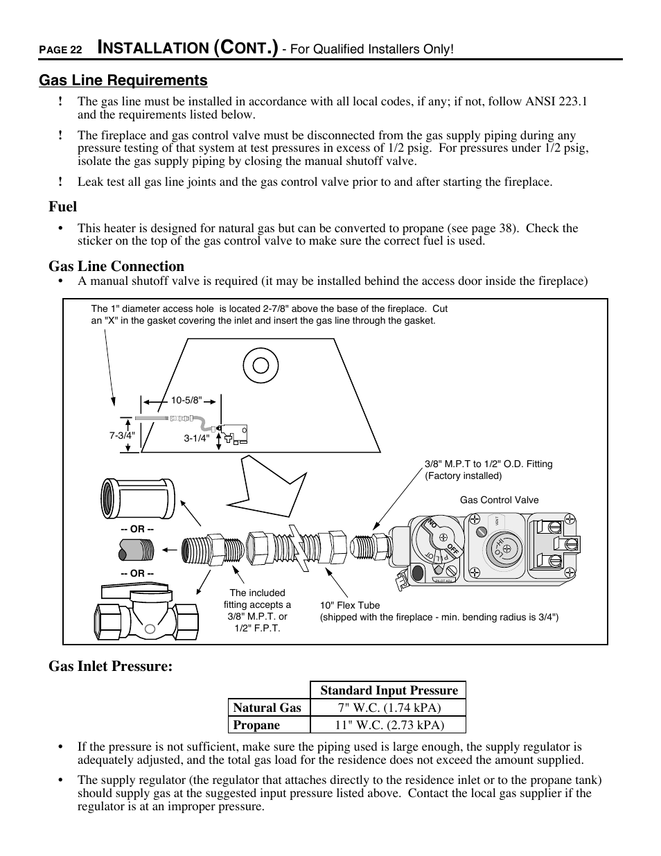 Gas line requirements, Fuel, Gas line connection | Gas inlet pressure, Nstallation | Avalon Firestyles DVS Fireplace-1997 to 2000 User Manual | Page 22 / 46
